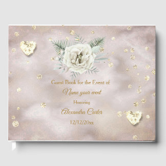 Elegante Beige Goldene Rosenherzen Rose Blumen Gästebuch