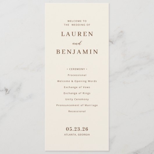 Elegante Beige Hochzeitszeremonie Programm (Vorderseite)