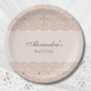 Elegante Beige Kreuz Taufzeremonie Christliche Tau Pappteller