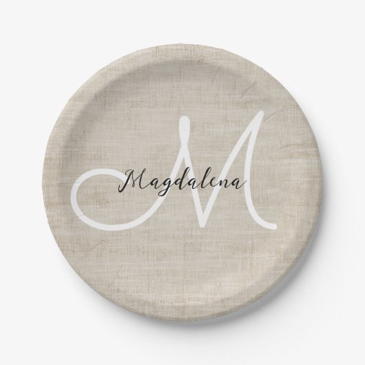 Elegante beige Leinenstruktur Pappteller (Vorderseite)