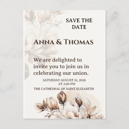 Elegante Beige Magnolia Save the Date Karte (Vorderseite)