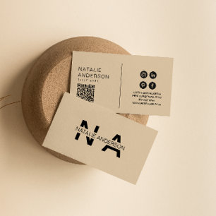 Elegante Beige Neutral QR Code Monogram Logo Boho Visitenkarte