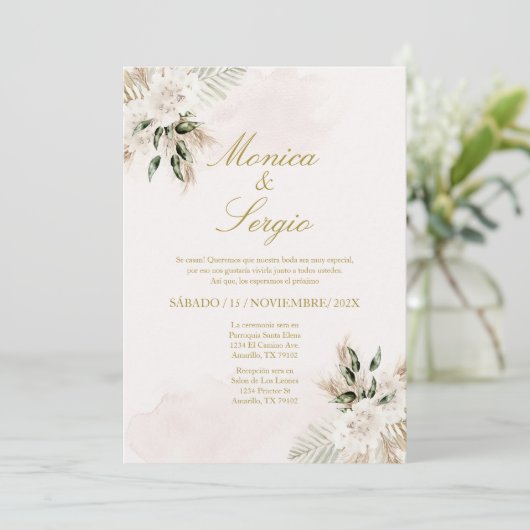 Elegante beige Pampa Hochzeit Einladung in Spanisc (Stehend Vorderseite)