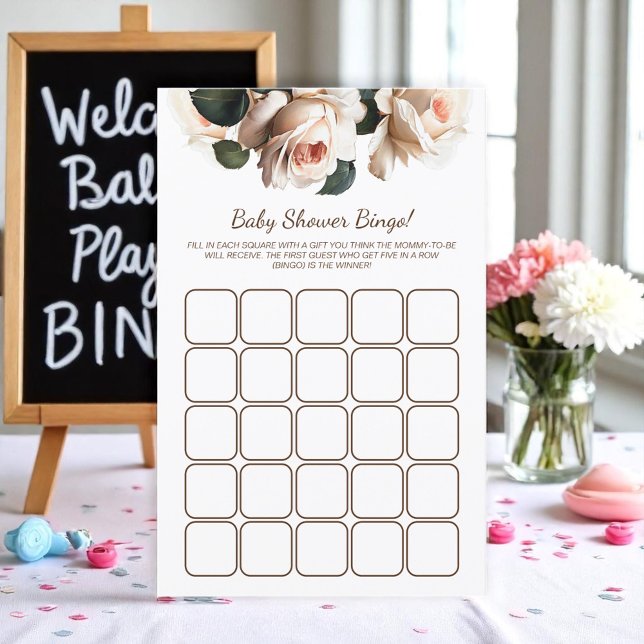 Elegante Beige Rose Girl Baby Shower Game Bingo (Girl Baby Shower Game Bingo)