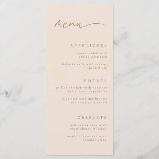 Elegante Beige Script Wedding Menükarte (Vorderseite)