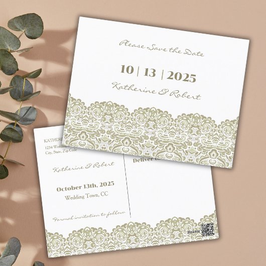 Elegante Beige Spitze Save the Date Postkarte