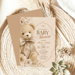 Elegante Beige-Teddybär-Baby-Party Einladung