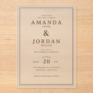 Elegante beige typografische Hochzeits-Einladung Acryleinladungen