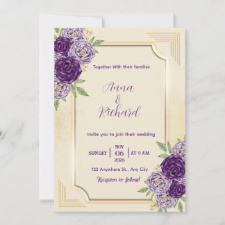 Elegante Beige- und violette Blumenhochzeits-Einla Einladung