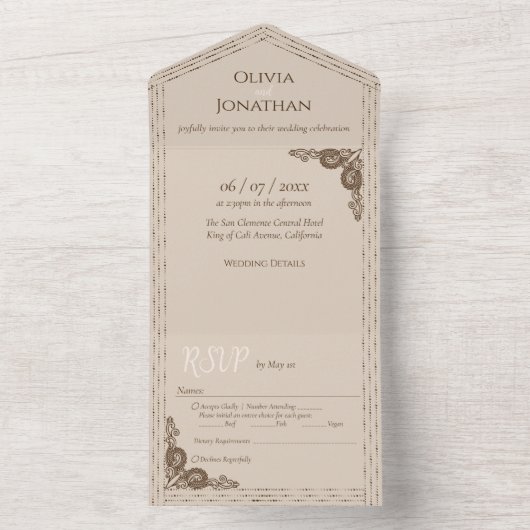 Elegante Beige Verziert in einer Hochzeitseinladun All In One Einladung (Innen Boden)