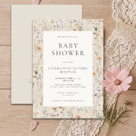 Elegante Beige-Wildflower-QR-Code-Baby-Party Einladung