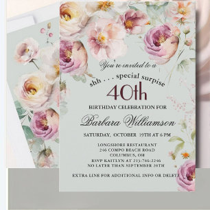Elegante bemalte Blumenüberraschung zum 40. Geburt Einladung