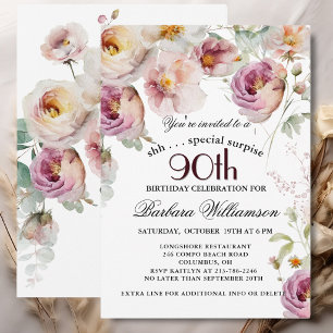 Elegante bemalte florale Überraschung zum 90. Gebu Einladung