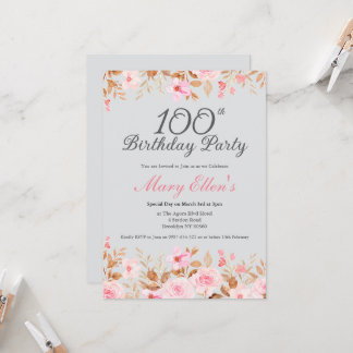 Elegante bemalte rosa Rosen-Blumen-100. Geburtstag Einladung
