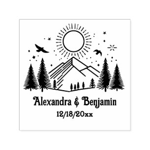 Elegante Berge Bäume Sonne Vögel Paar Name Datum Permastempel