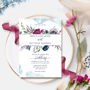 Elegante Berry Blue Floral and Watercolor Wedding Einladung