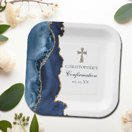 Elegante Bestätigung Cross Navy Blue Gold Agate Pappteller