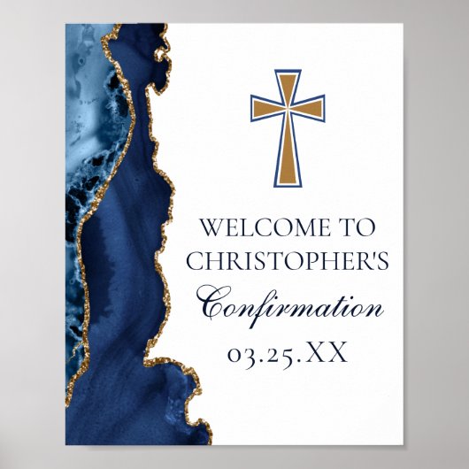 Elegante Bestätigung Cross Navy Blue Gold Agate Poster (Vorne)