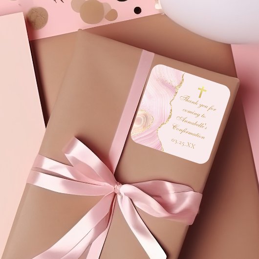 Elegante Bestätigung Cross Pink Gold Agate Custom Quadratischer Aufkleber