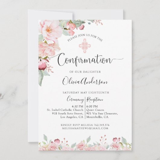 Elegante Bestätigung Minze und Peach Floral Einladung (Vorderseite)