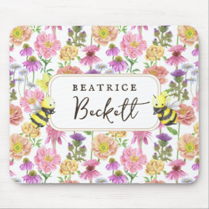 Elegante Biene und Wasserfarbmuster mit Wildblumen Mousepad
