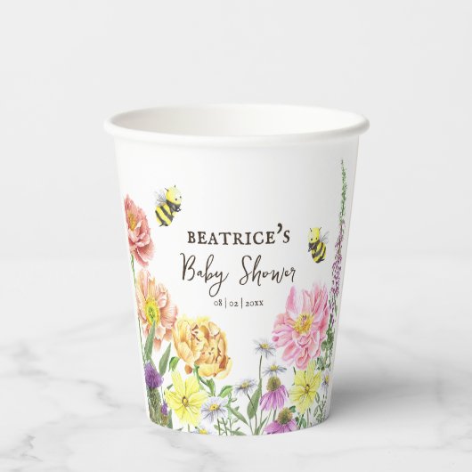 Elegante Bienen- und Wildblume-Babydusche Pappbecher (Rückseite)
