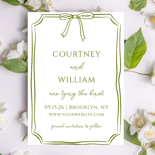 Elegante Bindung des von Hand Gezeichnet Bow Olive Save The Date