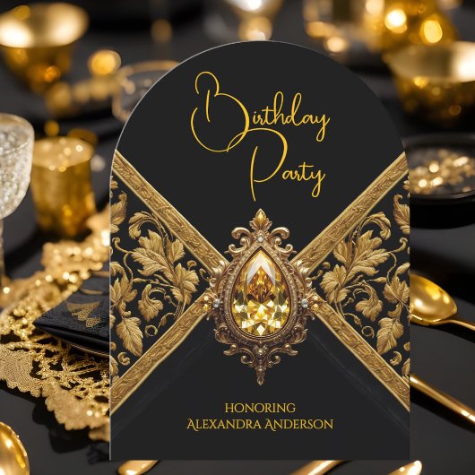 Elegante Birthday Black Gold Jewel Fabric Einladung