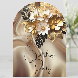 Elegante Birthday Caramel Gold Schwarz-weiße Blume Einladung