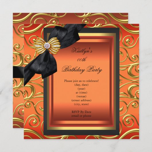 Elegante Birthday Party Black Damask Orange Gold Einladung (Vorne/Hinten)