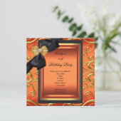 Elegante Birthday Party Black Damask Orange Gold Einladung (Stehend Vorderseite)