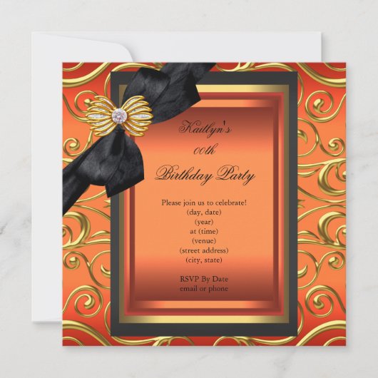 Elegante Birthday Party Black Damask Orange Gold Einladung (Vorderseite)