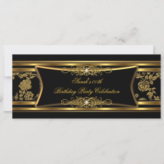 Elegante Birthday Party Black Gold Damask Einladung (Vorderseite)