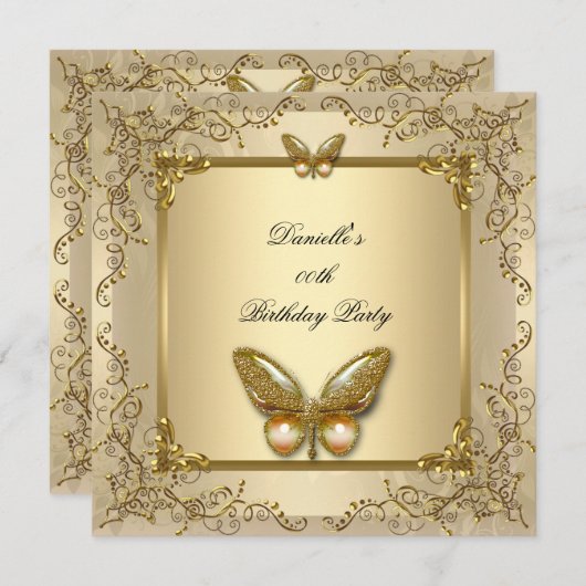 Elegante Birthday Party Gold Beige Butterfly Einladung (Vorne/Hinten)
