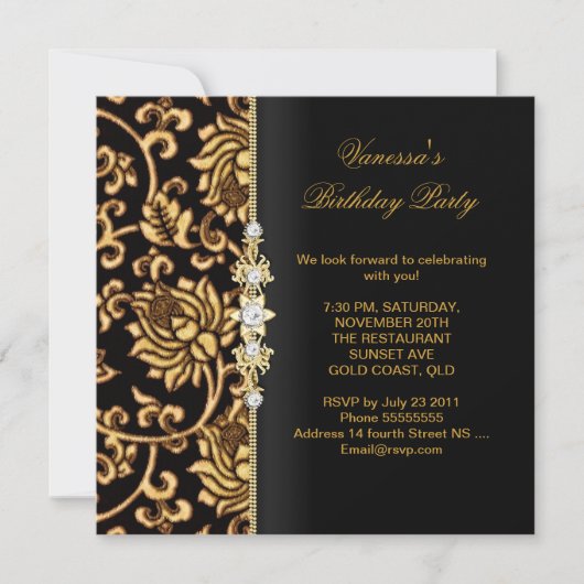 Elegante Birthday Party Gold Black Brocade Einladung (Vorderseite)