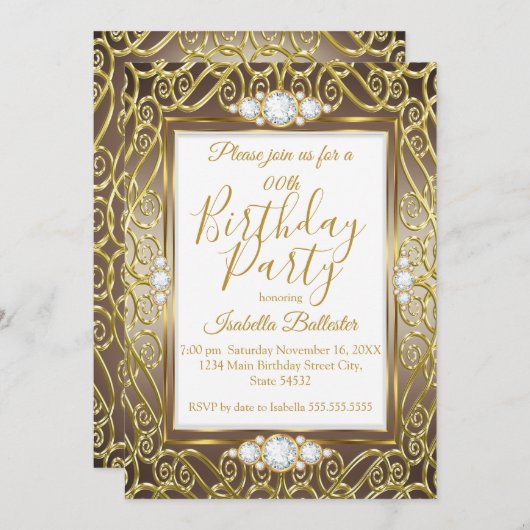 Elegante Birthday Party Gold Bronze Beige Diamond Einladung (Vorne/Hinten)