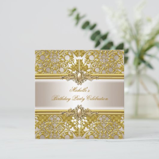 Elegante Birthday Party Gold Damask Creme Gold Einladung (Stehend Vorderseite)