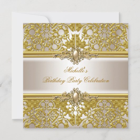 Elegante Birthday Party Gold Damask Creme Gold Einladung (Vorderseite)