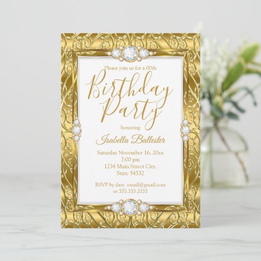 Elegante Birthday Party Gold Diamond Gem Einladung (Stehend Vorderseite)