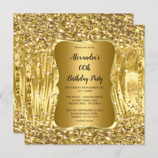 Elegante Birthday Party Gold Glitzer Confetti Einladung (Vorne/Hinten)