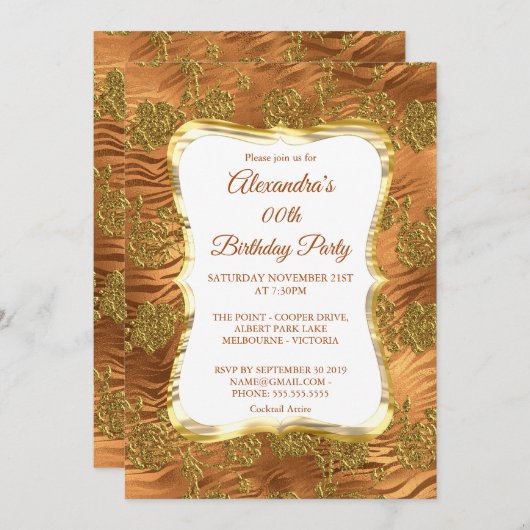 Elegante Birthday Party Gold Rust Copper Damask Einladung (Vorne/Hinten)