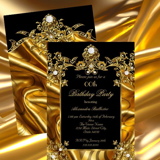 Elegante Birthday Party Gold Silk Black Diamonds Einladung
