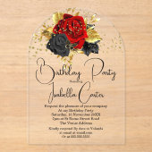 Elegante Birthday Party Red Gold Black Blume Acryleinladungen (Vorderseite)