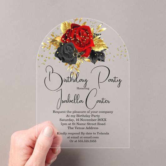 Elegante Birthday Party Red Gold Black Blume Acryleinladungen