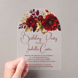 Elegante Birthday Party Red Gold Blume Acryleinladungen