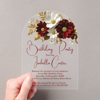 Elegante Birthday Party Red White Gold Blume Acryleinladungen