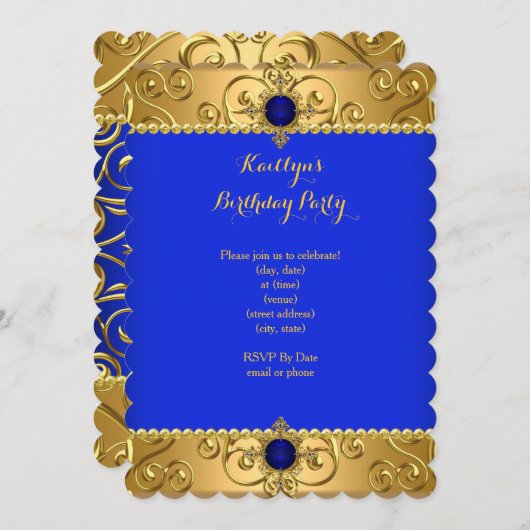 Elegante Birthday Party Royal Blue Damask Gold B Einladung (Vorne/Hinten)