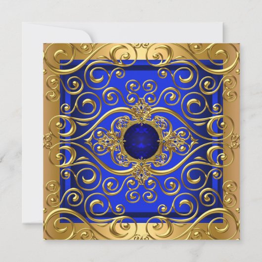 Elegante Birthday Party Royal Blue Damask Gold Einladung (Rückseite)