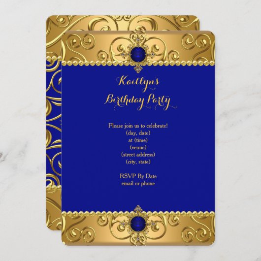 Elegante Birthday Party Royal Blue Damask Gold R Einladung (Vorne/Hinten)