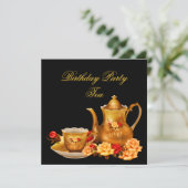 Elegante Birthday Party Tea Black Red Gold Einladung (Stehend Vorderseite)